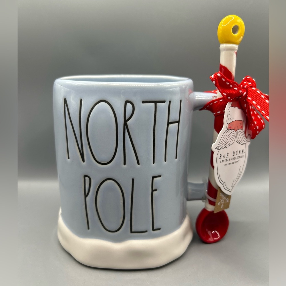 New Rae Dunn Christmas NORTH POLE Mug With Candy Cane Striped Spoon NEW